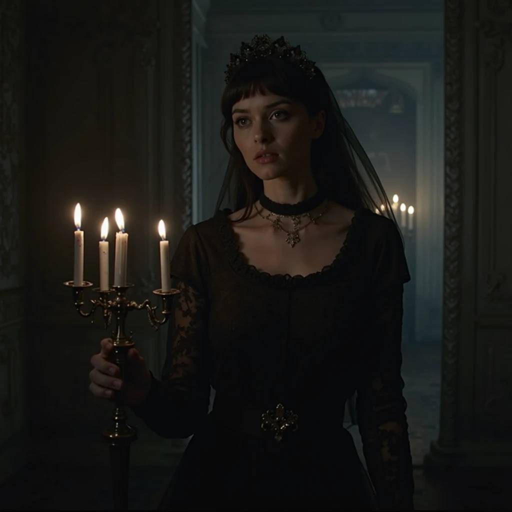 Killer countess, blood stain on her face, crown on her head, gothic and scary atmosphere