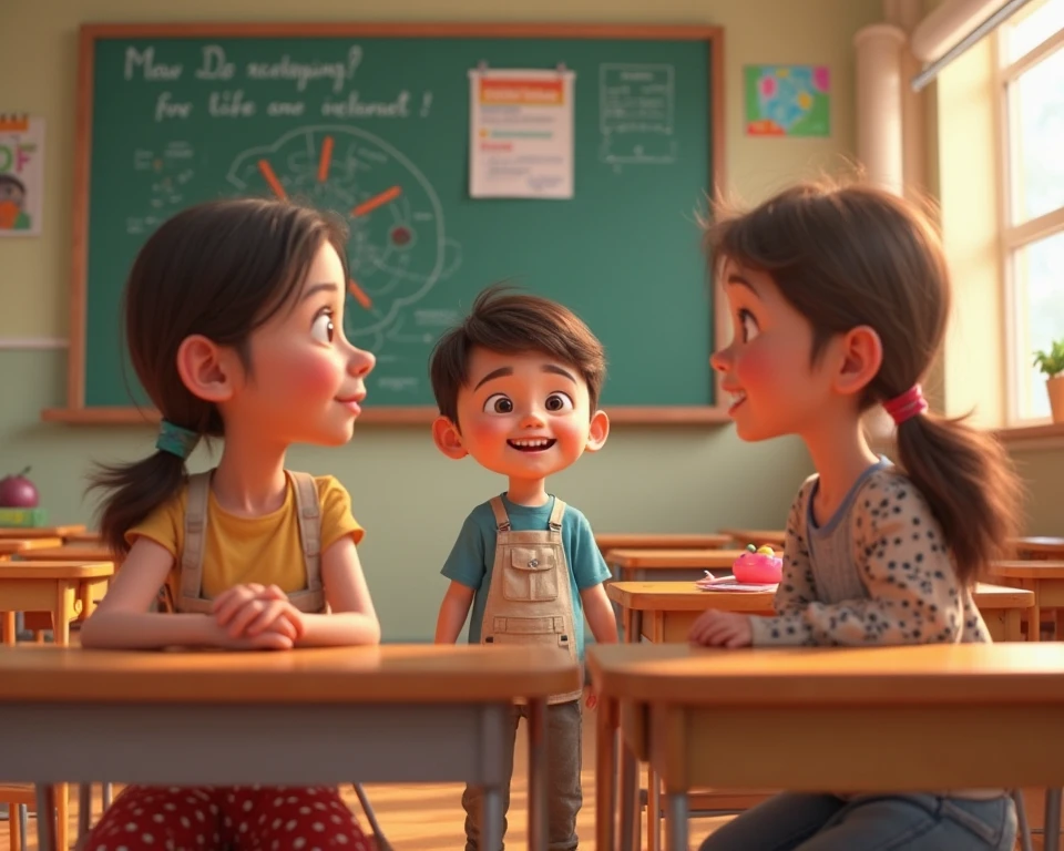 Create animated images of a child's school life from beginning to end, showing good and bad moments among classmates.