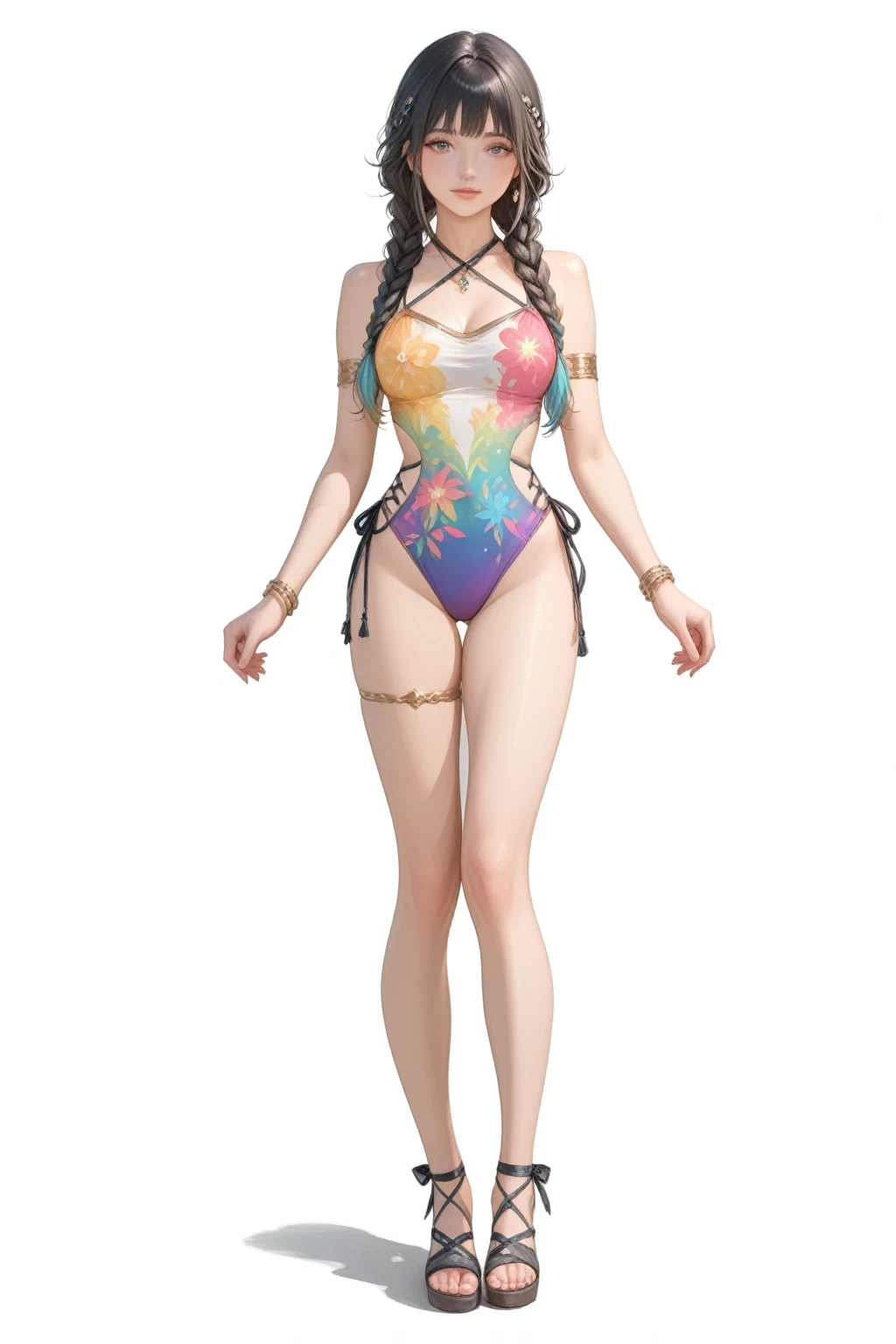 ((best quality,4k,highres,masterpiece:1.2)),((character concept art)), 1 female, age 18, Brazilian-Japanese mix. With her tan skin and perfect body shape, she radiates an irresistible allure. Known for her super sexy appearance, her busty physique and long legs only enhance her appealing persona. Her body language is as captivating as her physical attributes, always exuding confidence and sensuality. (((She's wearing a Versace Barocco Bikini Top and Bottom, the iconic Barocco print enhancing her bold and daring persona))). ((intricate detail)), super finely detailed hands, ultra finely detailed fingers(((ten fingers))), (standing confidently), (full body showcase), (show full body), (no logos on background), (no logo), ((plain background)), ((plain background)), (((empty background))).