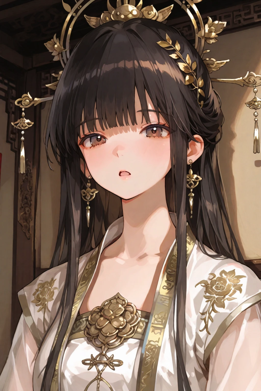 Close-up, the subject is a female with black hair and purple eyes. She is wearing a black Chinese dress  with a hairpin as an accessory. She has an ample chest, slim long legs, and a small waist. Her eyes are big and almond-shaped, and she has heart-shaped red lips. She has a high-bridged nose and smooth, fair skin. Her long hair is a masterpiece.