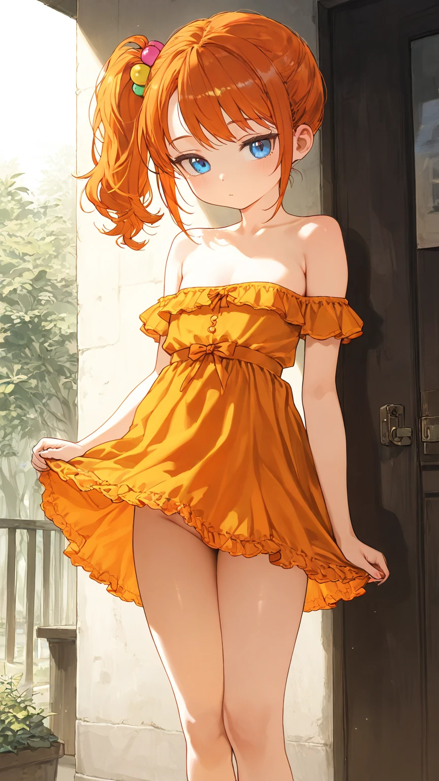 1 girl, Misty Pokemon, Kasumi Pokemon, (red hair), green eyes, gentle light, soft, soft light, delicate, (small breasts), dripping, cum, side ponytail, full body shot, vagina, happy, smile, spread legs, )short orange dress, frilly dress, frills, petticoat)