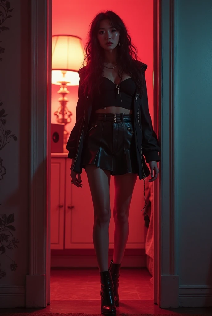 a woman in skirt and stockings and leather jacket, victim of ritual, sexy posing, fashion photoshoot posing, high heels, traditional indigenous, red, green, blue,