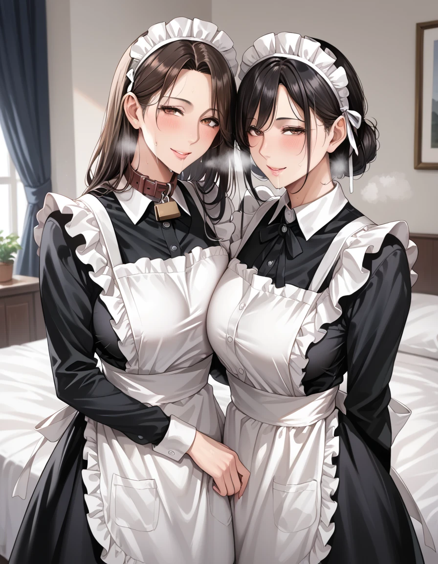 Beauty mother-in-law Black Hair A little height difference Mother and daughter have beautiful breasts hair band Both mother and daughter are holding back tears. apron kitchen mini skirt Black Pantyhose Panty shot White panties handcuffs