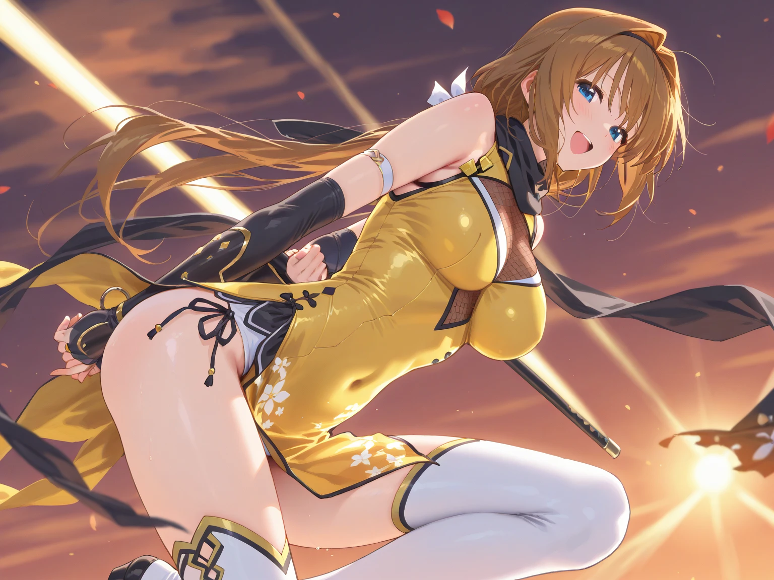 (high quality1.4), (finely detail:1.4), (nsfw), 1girl, (slender), (blunt bangs), (side-parted bangs), tongue, armpit, (medium breasts), (covered erectile nipples), brown eyes, dark orange hair, ((double bun)), (yellow tassel hair ornament:1.3), (swept bangs), ((shining gold belly dancer)), squatting, (cameltoe), solo, ((very bright stadium:1.4)), (8K, ultra high res, masterpiece, best quality:1.2),