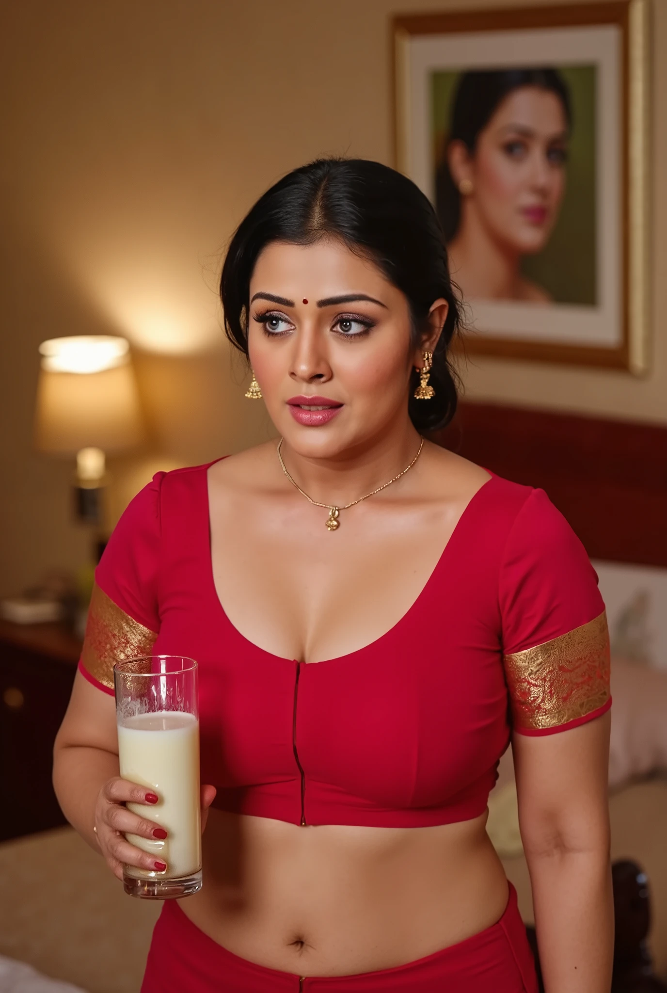 Busty woman,red designer blouse and red designer transparent saree, bedroom background,lamps in wall,picture in background,deep clevage,having milk in hand,sexy face,blue lusty eyes,navel chain, standing in bedroom,red lips, black eyeliners,black eyelashes,bridal makeup,bindi in forehead, mangalsutra in neck,curvy hips,oily body, intricate details,