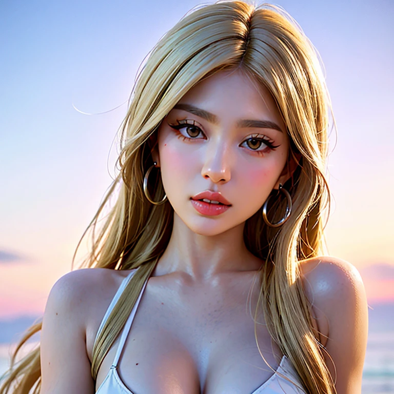 [:(detailed face:1.2):0.2], raw photo, (masterpiece), (best quality), highres, (realistic, photo-realistic:1.2), ultra detailed, physically-based rendering, 1girl,upper body, air bangs, sunset, long hair, ((blonde hair)), wavy hair,  bare shoulders, swimsuit, seaside, nordic