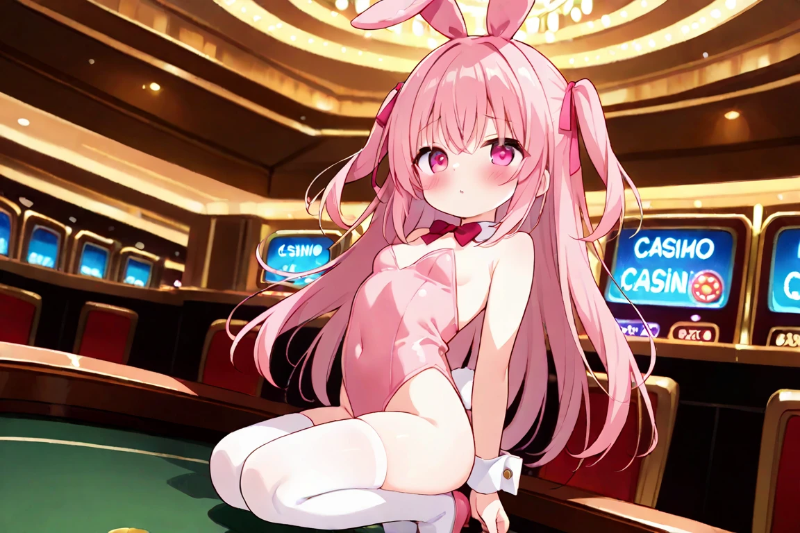 masterpiece, highest quality,beautiful eyes, beautiful hair, beautiful face, beautiful skin, solo, 1 girl, highleg, erect nipples, high heels, anime girl, full body, shiny skin, curvy, beautiful breasts, playboy bunny, bare legs, チョーカー, 金髪, blue eyes, looking back