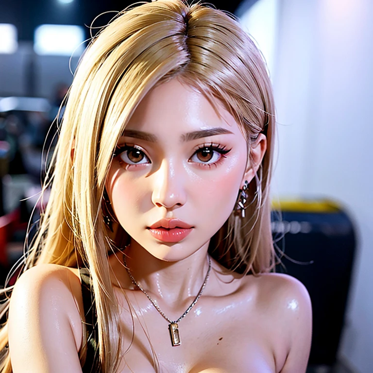 (Highest quality, 4K, 8k, High resolution, masterpiece:1.2), Very detailed, (Realistic, photoRealistic, photo-Realistic:1.37)、club、stage、Japanese、smile、(Completely naked）、ear piercing、Blonde with a black choker、(Hairstyle:random),Shiny skin caused by lotion、Clean atmosphere、Oily skin、Sweaty skin、Photographed from the waist up