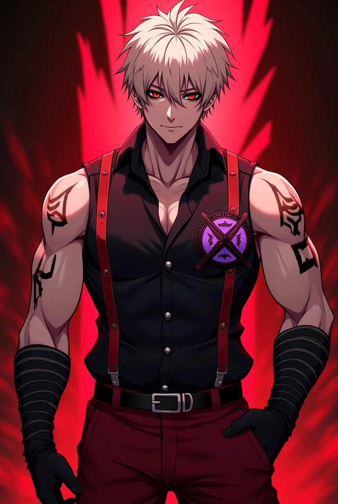 personagem do anime jujutsu kaisen com cabelos longos lisos e pretos, olhos dourados, a smile on the side of his mouth holding a spear behind his back