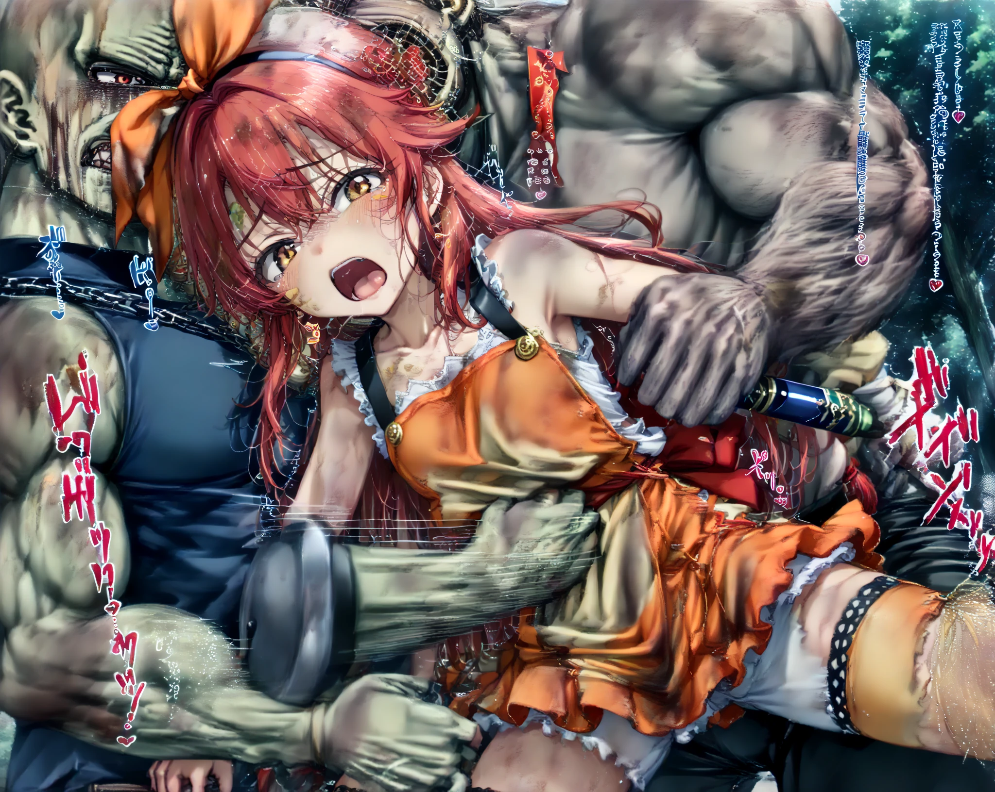 masterpiece, Highest quality,High resolution,Dorothy, Redhead,Red eyes, Have,dress,Braiding, black dress,One side of the dress is torn at the chest、Dust cloud、tits、Nipples fully visible、receive damage from an attack、anime、((Battle scene in the ruins))、blush、Line art、Pencil drawing