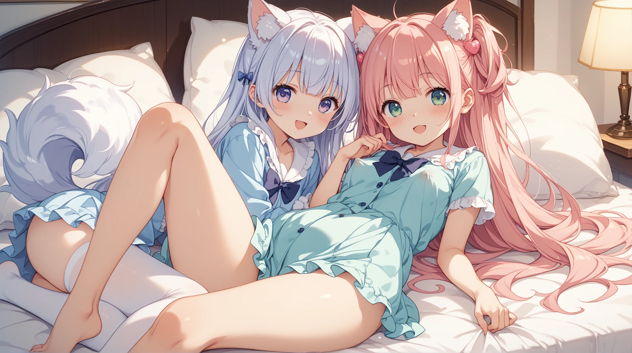 nsfw,Two Girls,On all fours,panties,on stomach,from behind,Have sex,Light blue hair,Light pink hairstyles,Cat ear,Pink Eyes,light blue lolita,White socks,,Pink ribbon,Laughing with your mouth open,Best image quality,Highest quality
