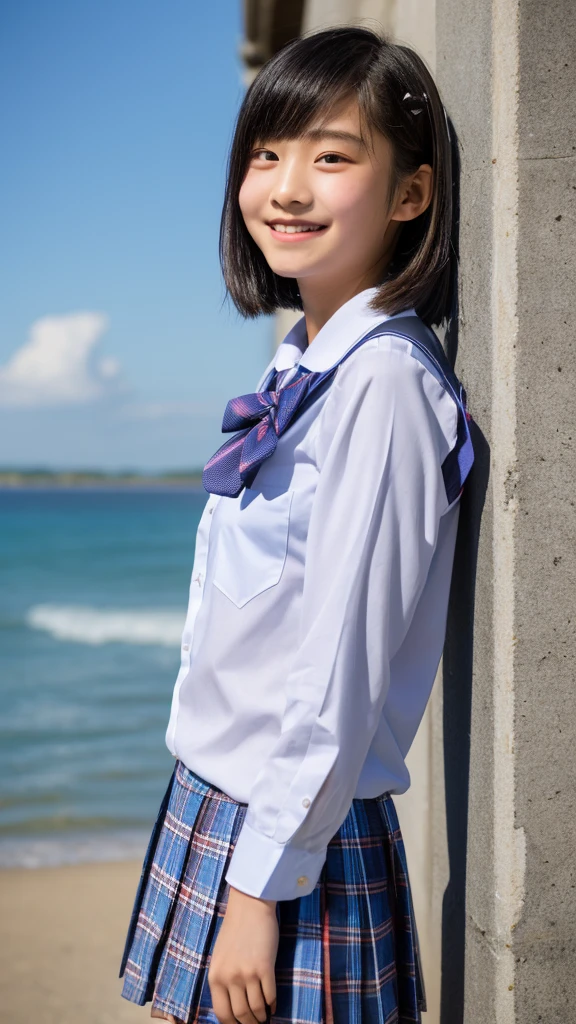 (1 girl, Solo, Japanese girl), 13 years old,Best Quality, masutepiece, 8K, High resolution, Ultra-detailed, (portrait), looking back, black hair, short hair, hair clip, shiny skin, flat chest, smile, (junior high school student:1.5, uniform, white collared shirt, bowtie,), summer, blue sky, thunder head, ocean,