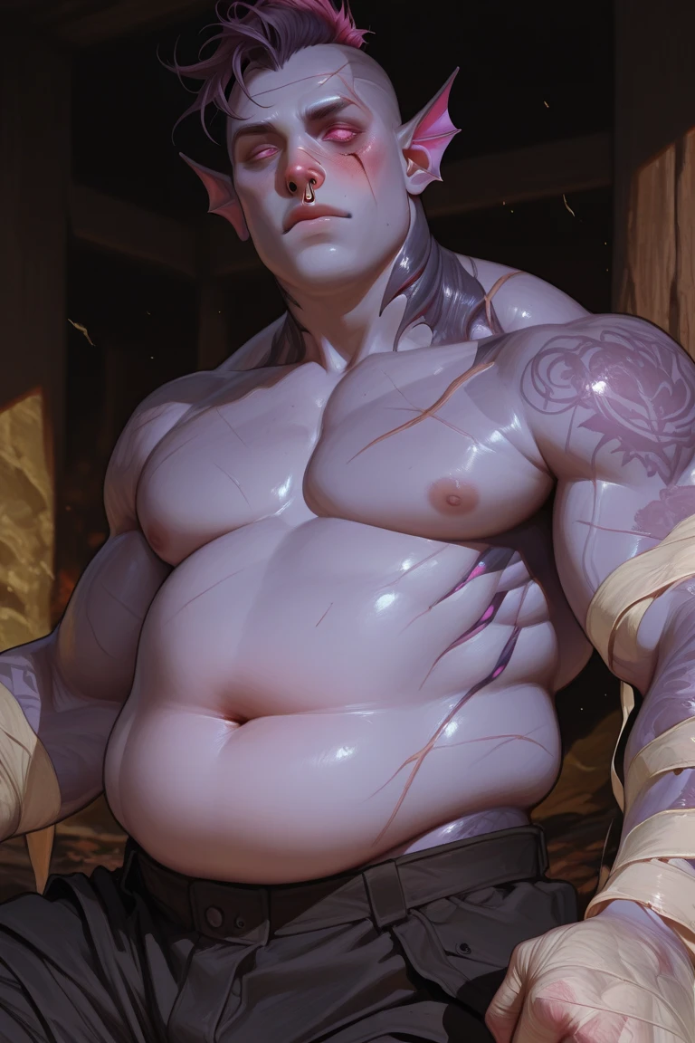 goblin,powerfull, prominent belly, bulged belly, swollen belly, muscular, tall, pointed ears