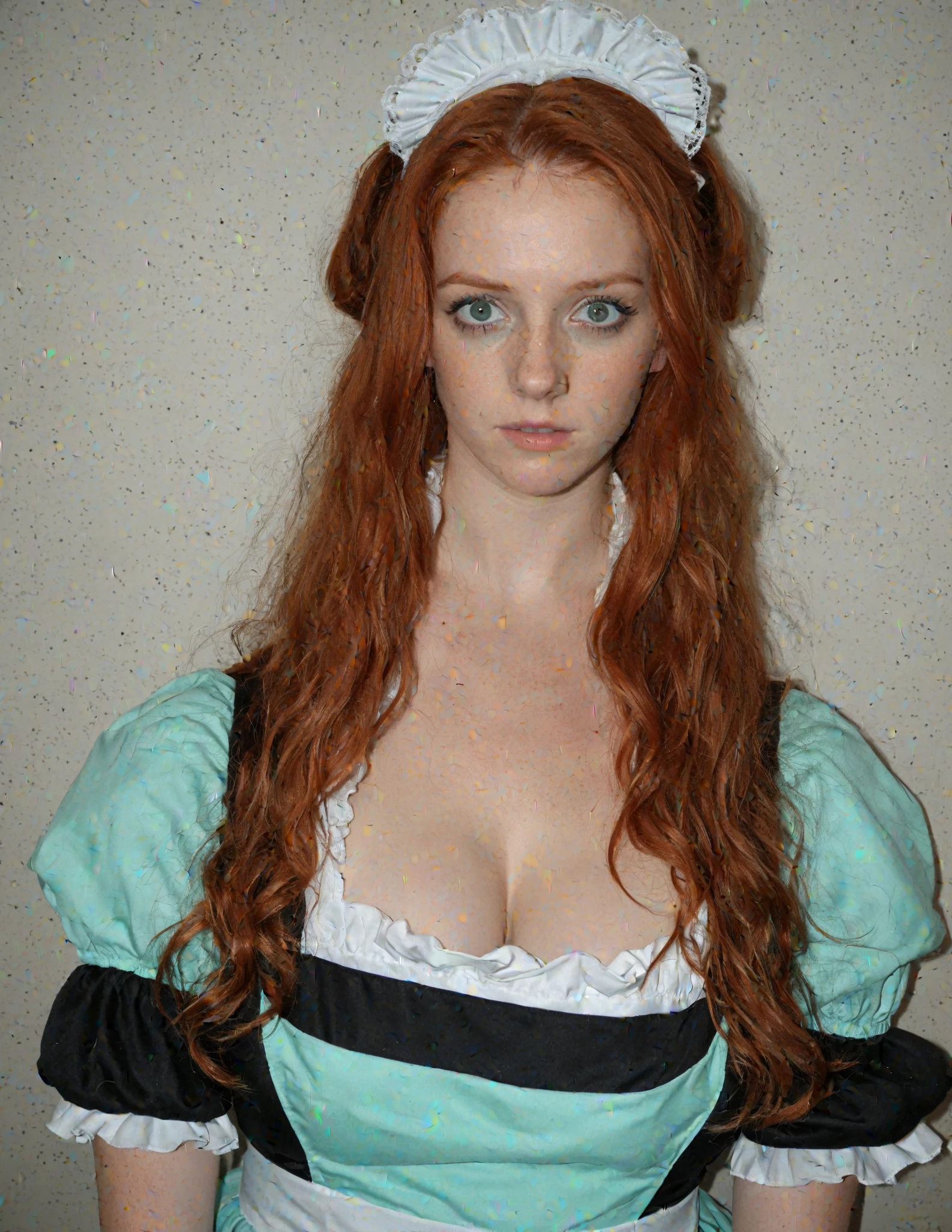 white redhead, woman named Lagertha, ((( very pale skin ))), ((( very light green eyes ))), ((( orange short hair arranged in a bun with bangs ))), lovely and beautiful serious face, freckles, wonderful and perfect realistic naked body, perfect naked small breasts, perfect pointy nipples, realistic naked vagina, realistic labia,  perfect bright red lips with bright red lipstick, white background, ((( direct bright lighting in her entire body ))), ((( extremely blushed cheeks ))), ((( bright green iris ))), ((( extreme thin lips ))), (((small lips ))), ((( glowing bright green eyes )))
