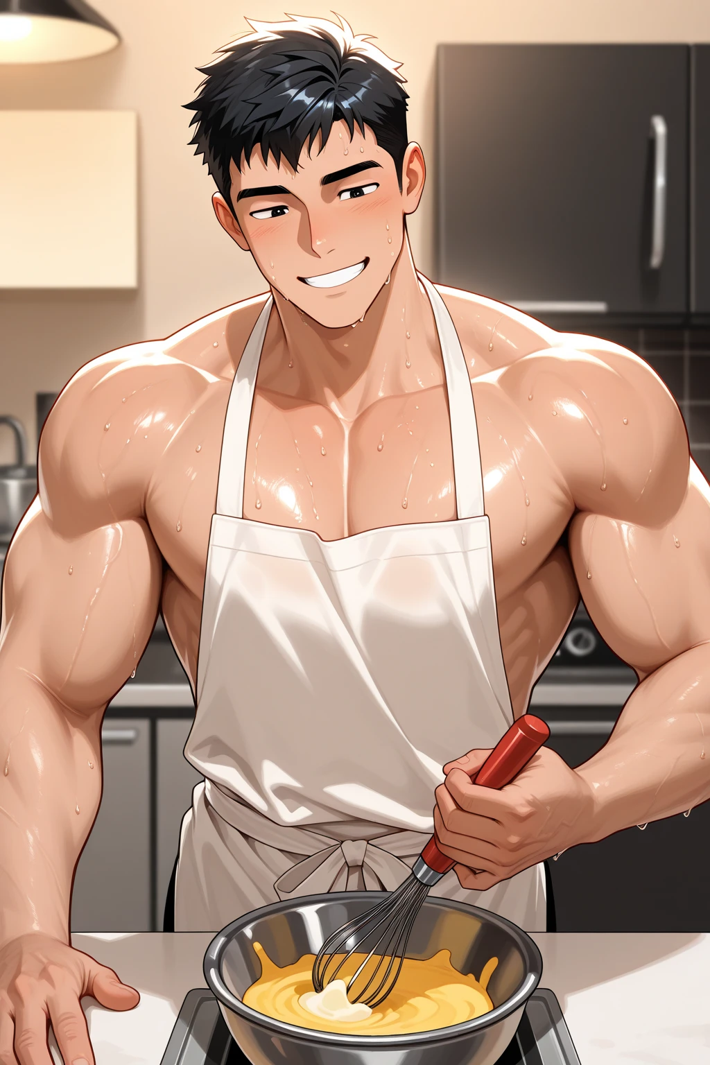 Muscular man is in his kitchen grabbing something to eat, he is naked, he only has a white apron, his right hand is behind his head, revealing his stinky and very hairy armpits, his body is sweaty, black hair, with his left hand, he masturbates his ?????, holding it down. semen on his curry that he prepared hair on his chest testicles big veins on his arms hands and feet veined legs hair on his legs and big stinky feet member is in his kitchen masturbating standing up black hair and his stinky feet being on the table and semen on his plate curry 