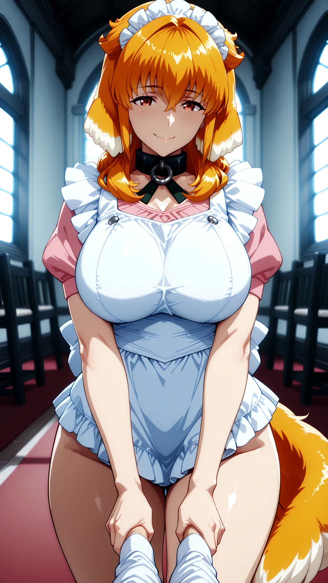 1solo girl female Roxxane, cute, maid victorian, maid apron, straight face, dazed, Body position: Standing, straight, symmetrical, barefoot, fluffy ears demikin, milf bimbo lustful smirking smile red blush red cheeks, chain leash, kneeling, shackles, leather black collar slave, 2 high ponytails,