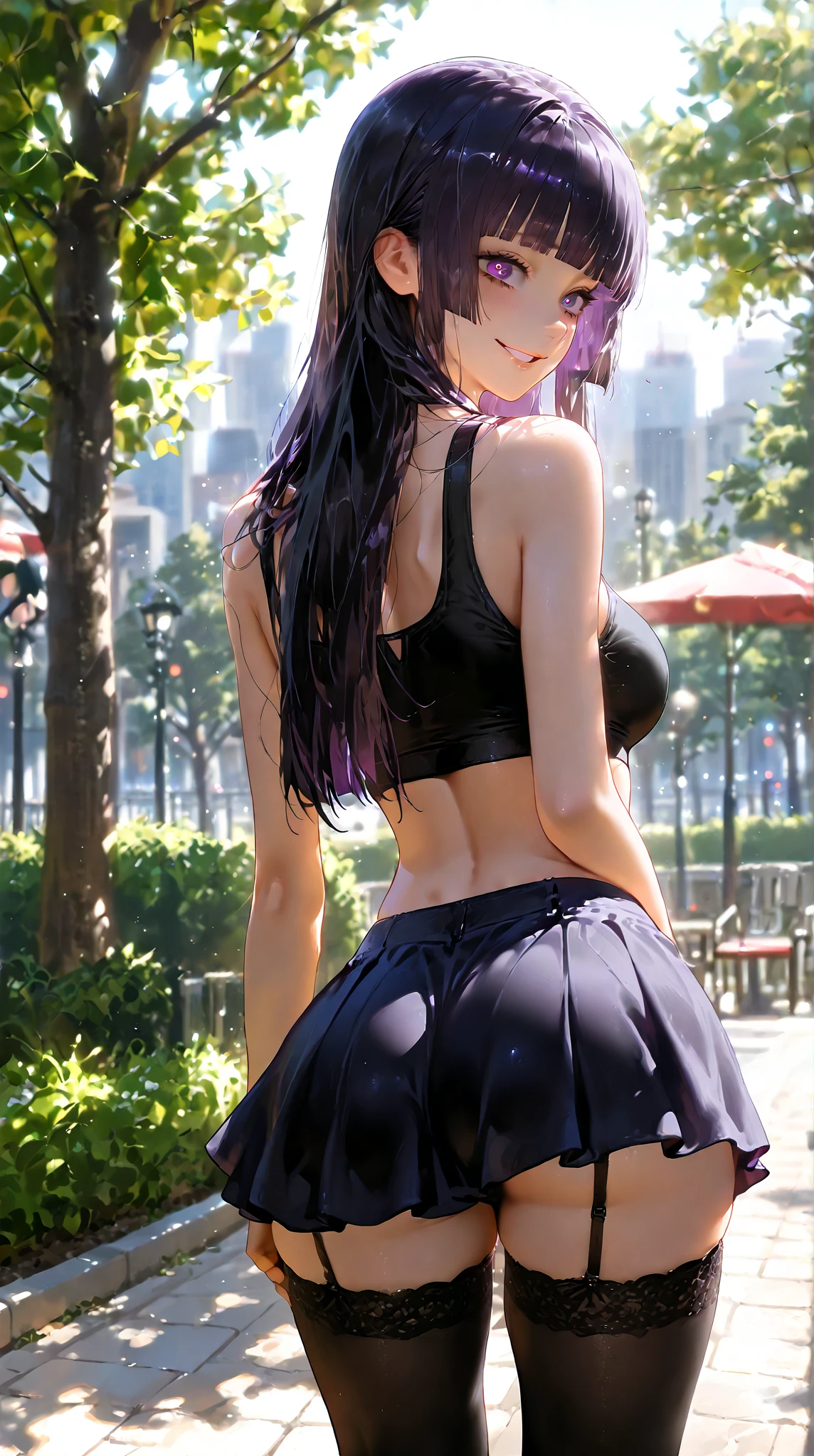1girl, full body, solo, village, trees, colorful hair, curly hair, ponytail, large breasts, button down shirt, ninja, ((black shirt)), ((unbuttoned shirt)), ((short sleeved shirt)), blue eyes, black shorts, katana, grin, looking at the viewer, ((standing)), hair ribbon, bandage