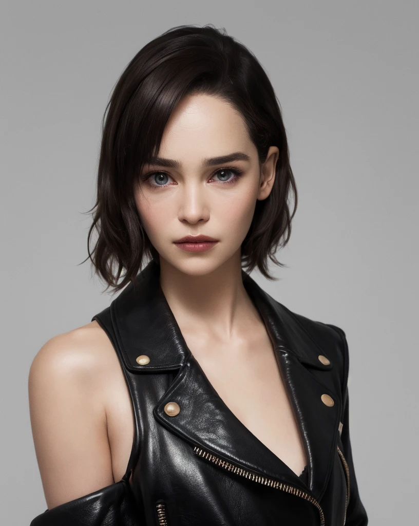 1woman, ultrarealist, real photo, with bare shoulders, visible pores, photorealistic, black leather jacket, soft studio lighting, dark gray background, intense expression, disheveled hair, sharp focus on facial features, maquillaje minimalista, centered composition, bold and daring aesthetic, subtle shadows, contemporary environment, REFINED DETAILS, Modern portrait, digital reflex camera, 35mm lens, shallow depth of field
 ec86