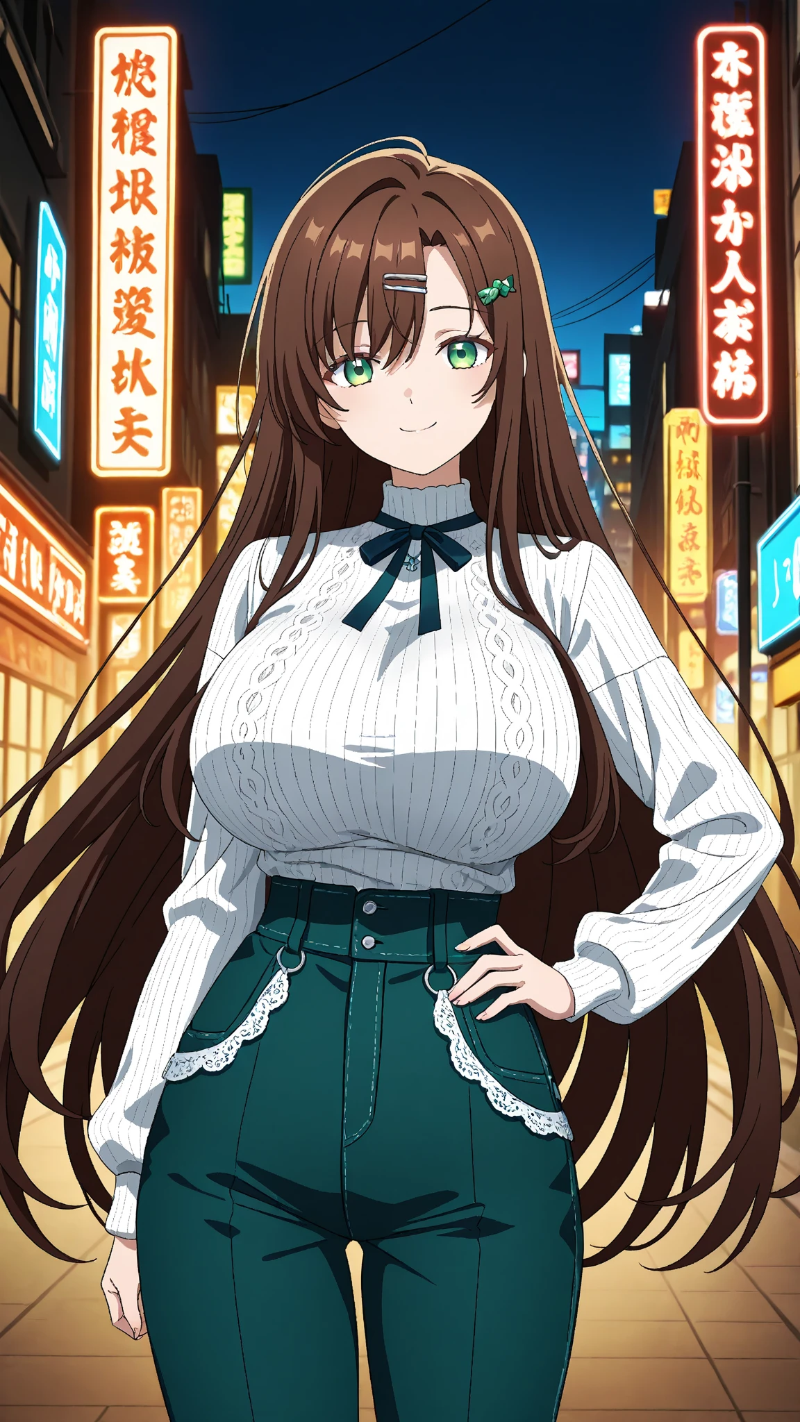 (cowboy shot), (ultra-high resolution, depth of field:1.2), 1woman, mature, brunette hair, long straight hair, yellow eyes, hair over one eye, ponytail, winking, large breasts, crossed arms, (wide hips), (green dress), sundress, frills, bare shoulders, sleeveless dress, outdoors, japan, city, gentle smile, blush, hand on hip