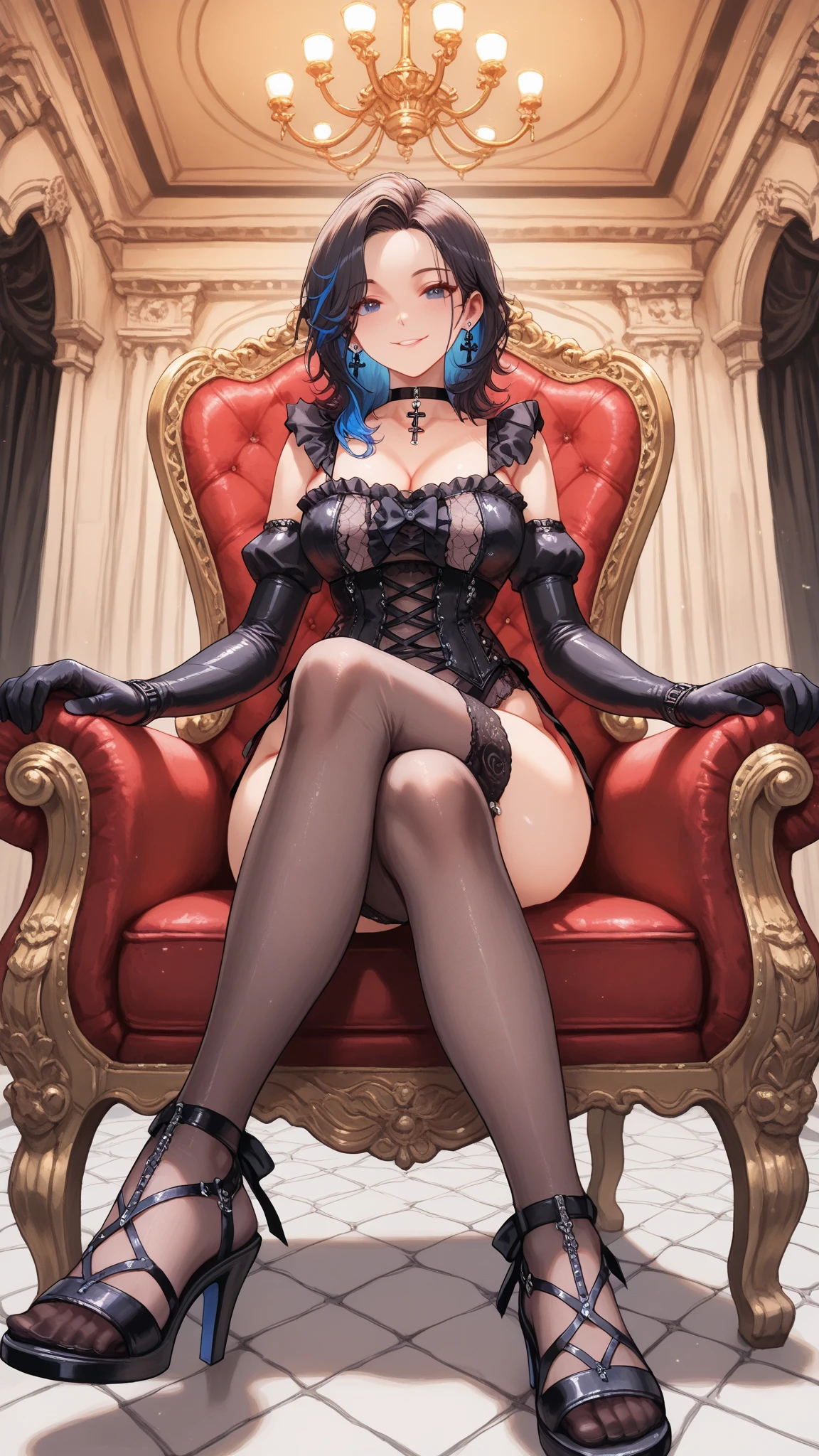 ((best quality)), Jewelry Package)),((1 Obese girl))From below,Cross your legs,Dark blue hair,Thick-soled shoes,Sleeping on the throne,Luxurious,((Gloves)),(Nikolai Fehin),( Fisher, ),The background is a banquet,Luxurious,Drinks,Strappy high heels