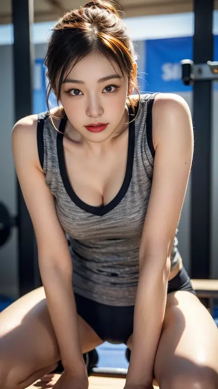 Create a realistic UHD 8K image of A young korean woman with messy hair, large chest, wearing a thin-strapped tank top. She is bending over a table, resting her chin on her hands. The photo is taken from side, highlighting the legs of her, weat body. The background features a dark room with a slight haze.