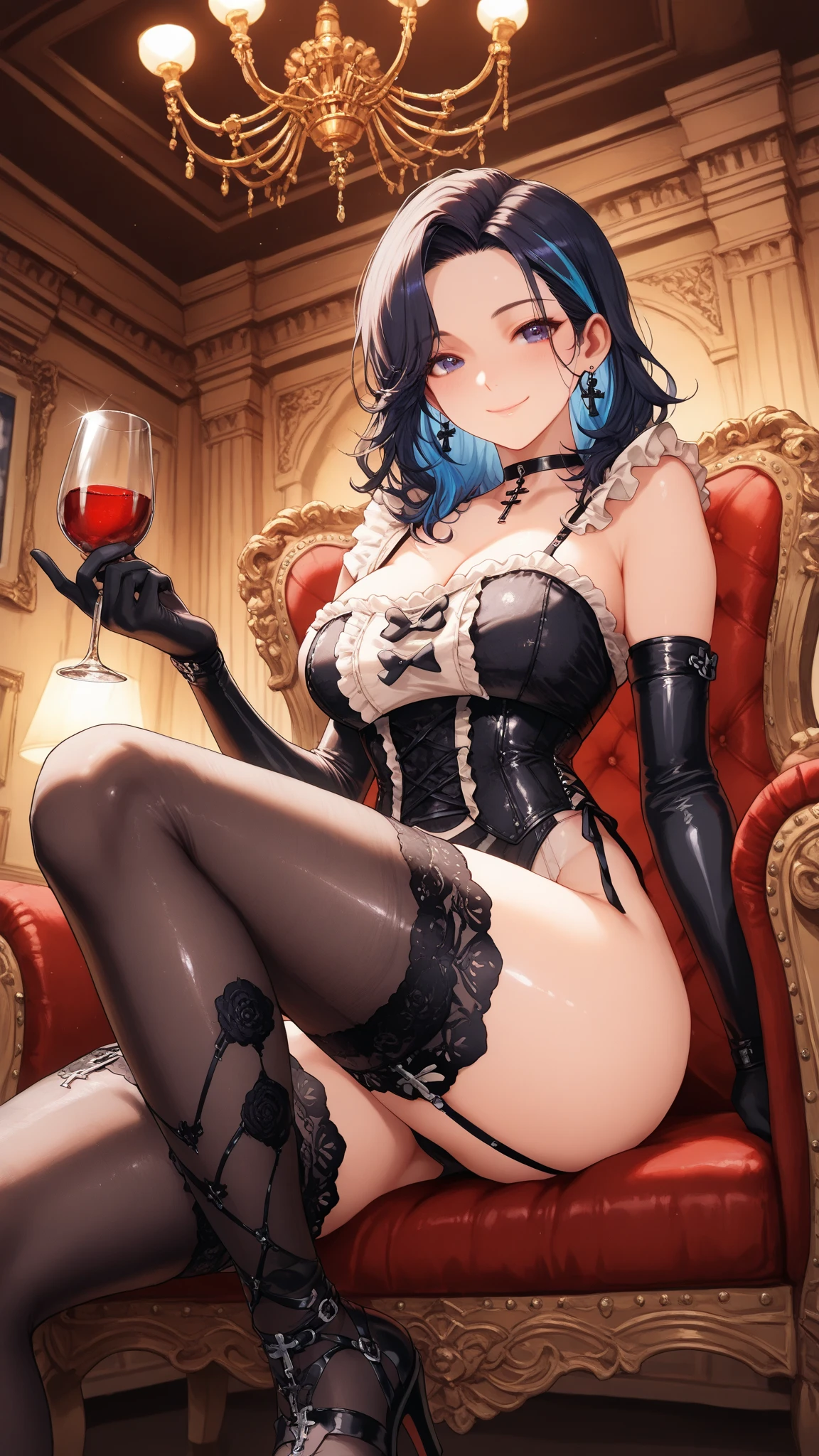 ((best quality)), Jewelry Package)),((1 Obese girl))Cross your legs,Dark blue hair,Sleeping in bed,High heels,,(Nikolai Fehin),( Fisher, ),The background is a banquet,Luxurious,Drinks,Food in hand