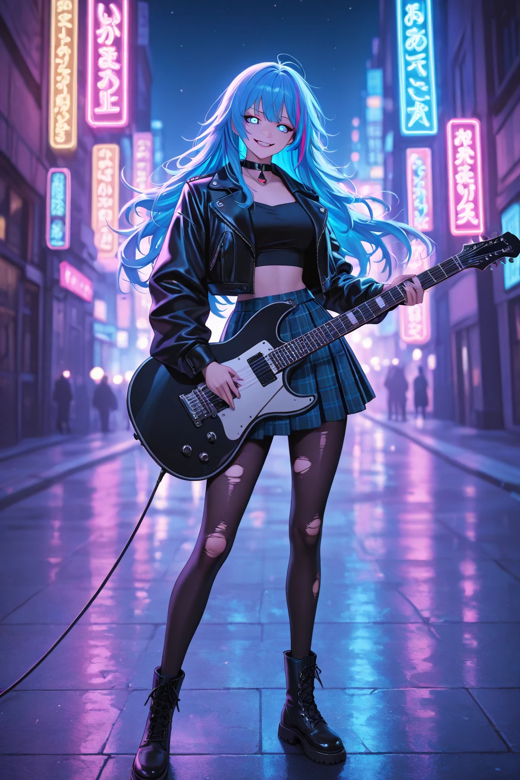 There is a woman wearing a short skirt and holding a guitar., A mix of anime style and Fujifilm, Cyberpunk Anime Girl, dreamy Cyberpunk Girl, Grunge Cyberpunk, Cyberpunk Photography, In Cyberpunk City, female Cyberpunk Anime Girl, Cyberpunk atmosphere, Cyberpunk Style, anime cyberpunk art, Cyberpunk Girl, Digital Cyberpunk - Anime Art, In the world of cyberpunk, cyberpunk streets in japan, In a cyberpunk city