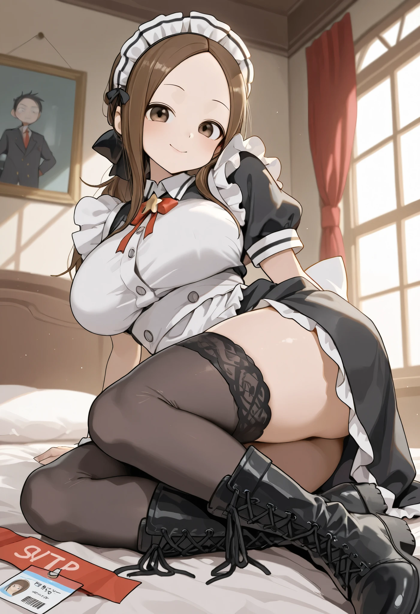 (a girl with loose, long, brown hair, , white shirt, black skirt, thigh-high black socks), pencil drawing, detailed face and eyes, vibrant colors, soft lighting, traditional art style, realistic texture, high resolution, immersive garden background.