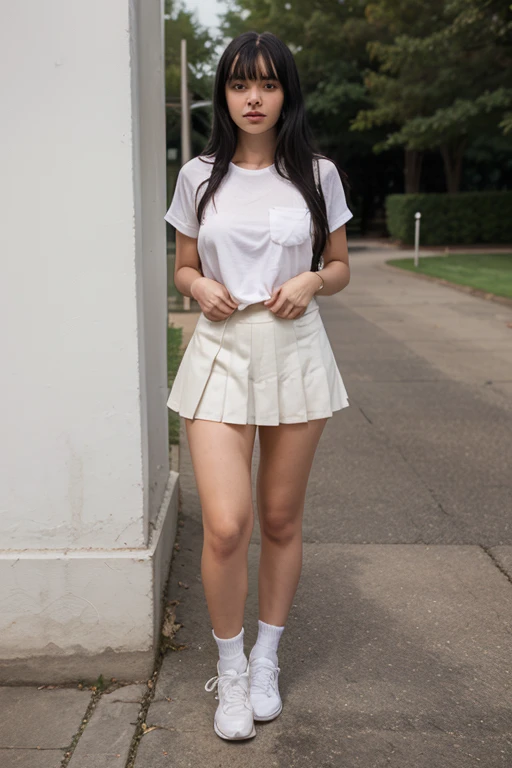 8k, RAW photo, best quality, ultra high resolution, photorealistic, realistic photo of skinny brunette girl in the parki, (slim brunette girl, slim face, tanned skin, straight hair, (black hair)) in the park, full body picture, photo from the side, wearing white blouse, wearing black lapel, (black lapel, wearing black miniskirt, black miniskirt, wearing high heels, looking at viewer, smirking, sexy pose, (extremely detailed CG unity 8k wallpaper), 8k uhd, dslr, bright lighting, high quality, Fujifilm XT3 sharp focus, f 5.6, High Detail, Sharp focus, (natural bright light)
