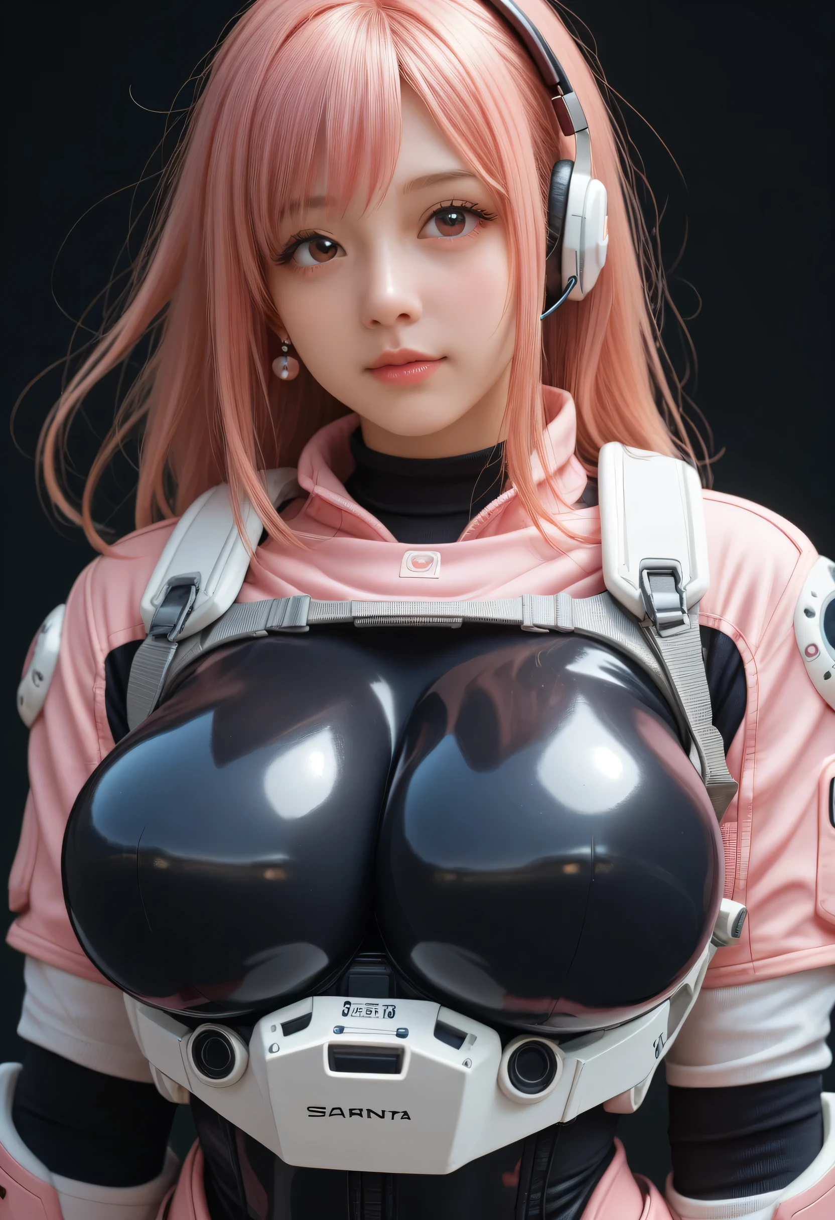 Highest quality, Ultra-high resolution, Realistic, NSFW, Cyberpunk sexy pink hair girl、Take photos in a studio environment with a gray background, View your audience, Upper Body, thin, Visible Cracks, Crop top,Big Breasts