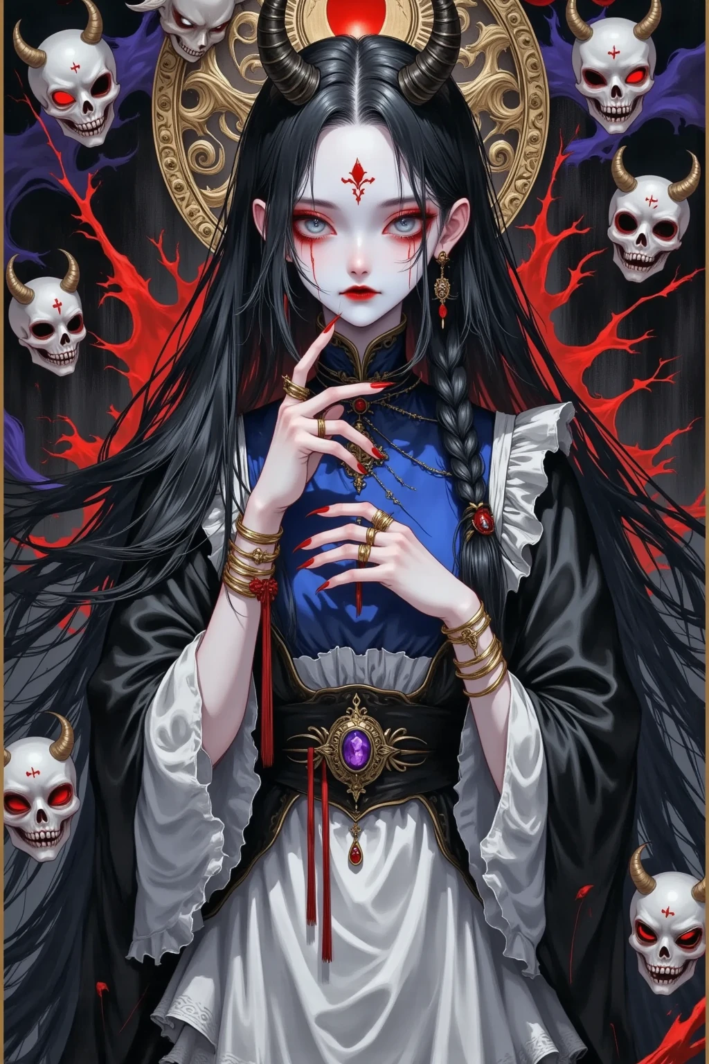 lora:flat:-1.2, masterpiece, best quality, 4k, 8k, 1 woman, solo, tall stature, long hair, blunt bangs, side braid, black hair, ugly face, bad face, bad eyes, droopy eyes, unclear eyes, ruby red eyes, lemon yellow eyes, pale skin, black eyeliner, black eye shadow, heterochromia, slender frame, sad, ofuda, jiangshi costume:1.2, fang, horror, coffin, forest, dark night, stormy weather, fog, from front, cowboy shot, look at viewer, paw pose,