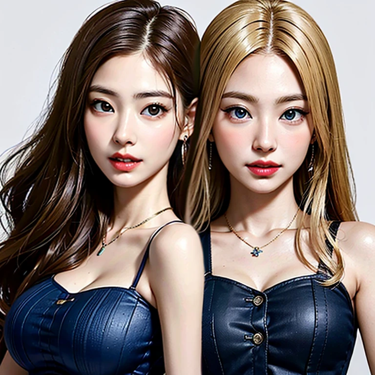 halfbody shot, (2heads:1.4), 1 koreangirl posing for camera, different hair color,white hair, blonde hair, black hair, different eye colors, blue eyes, green eyes, different hairstyles, different faces, different expressions, oversized t- shirt, short shorts, appartment setting background