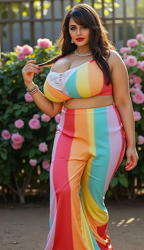 Indian beautiful actress Madhubala sexy curvy plus size body beautiful actress wearing SHEIN Frenchy Plus Tropical Print Drop Shoulder Bomber Jacket posing for a picture in Wild Canopy Retreat, camera front facing, smilling face, head to toe view, full body shot, hourglass body shape, curvy plus size body, bigger waist, busty, big hips, fleshy thighs, thick thighs, busty, full body view, head to to view, full body shot, beautiful curves, curvy model, attractive curves, attractive feminine curves, gorgeous woman, Harris Beach, Wild Canopy Retreat background
