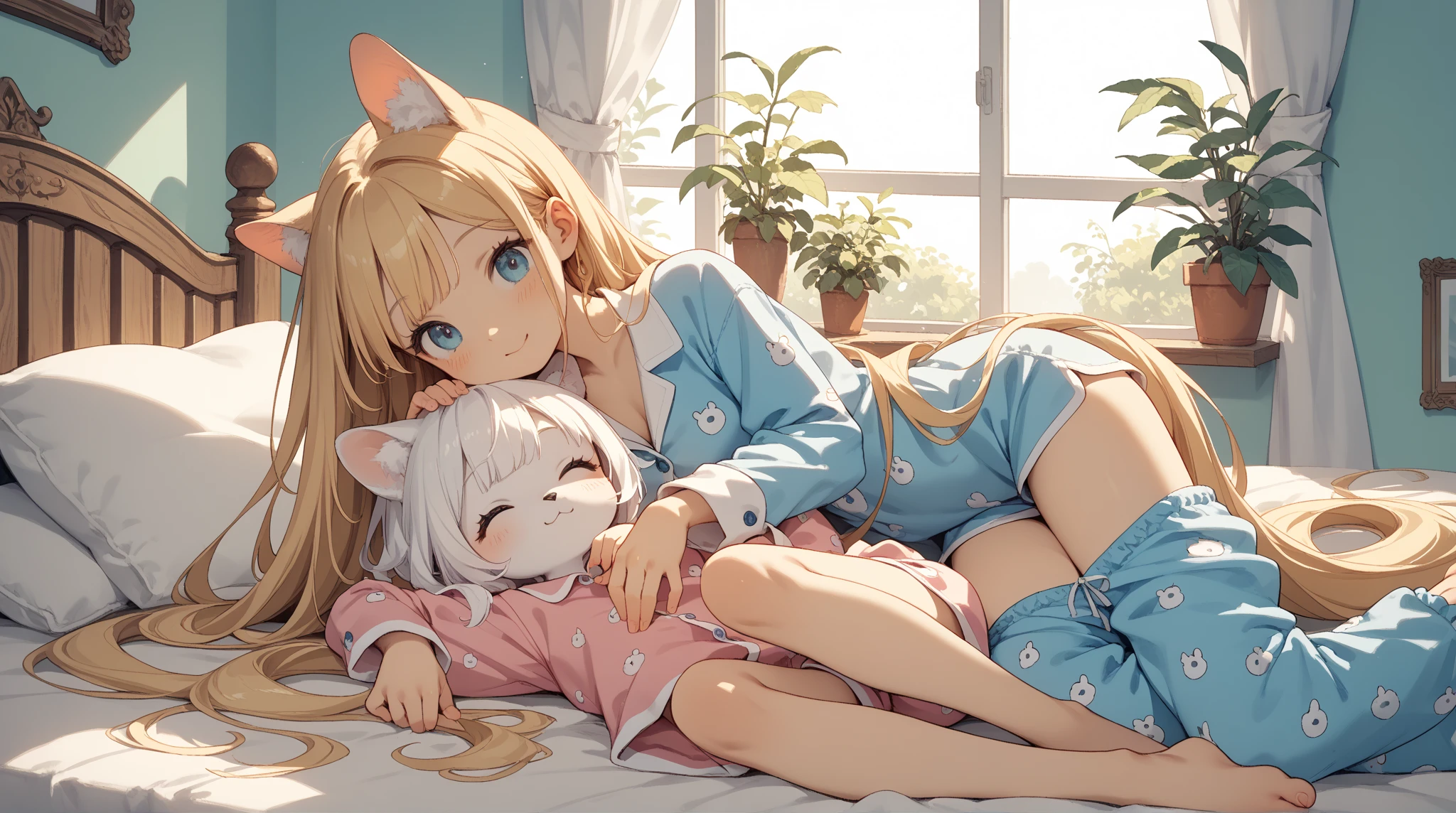 Create a high-quality, detailed image of a beautiful blonde anime cat gamer girl with striking eyes and intricate tattoos. She is alone in a luxurious condo, wearing intimate sleepwear that highlights her midriff and stunning curves. The condo features a high-end gaming setup with a sleek gaming PC, large monitor, and gaming accessories. Soft ambient lighting creates a warm and intimate atmosphere, blending with the natural light from the large window offering a view of the ocean. The focus is on the girl and her gaming setup, emphasizing her passion for gaming in a serene and inviting environment.