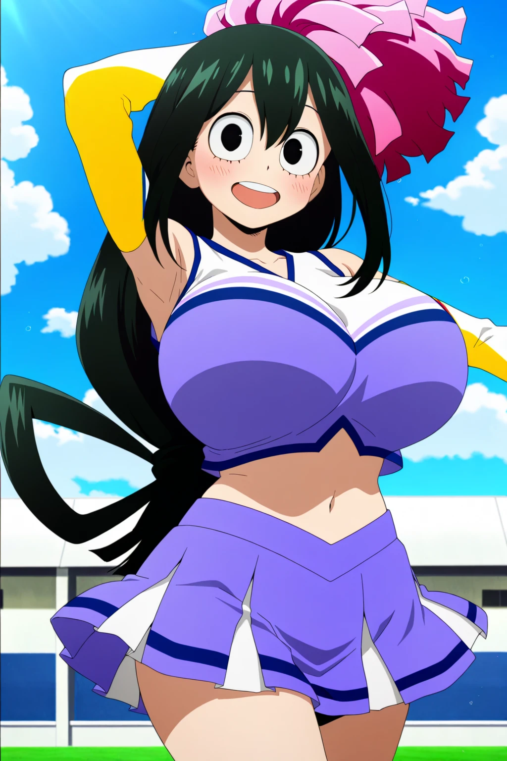 Cheerleaders, pink micro skirt, lewd smile, sweating, smelling, pik hair, twintail, latex thigh_high, squatting, no panties, pubic exposed, peeing, sperm everywhere, lower body exposed. Breast exposed ,big areola, big breast, Ultra detailed.