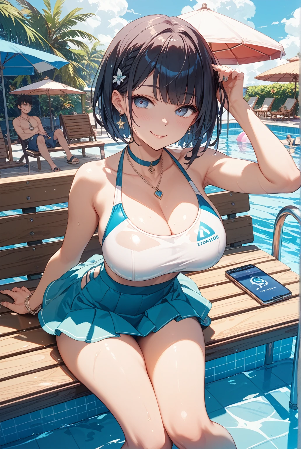 masterpiece,anime style,chibi,sexy girl,black hair,shoulder length hair with two pigtails,bikini,smiling,larger breasts,waiting on the right side of the image,showing cleavage,full body,standing,