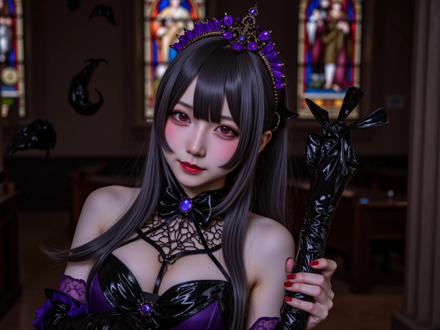 Charming Japanese style beauty、Brown hair、Evil Female Executive、Night city、Move ki、The Darkness、seductiv、brainwash、Retrofit equipment、Evil Fall、wicked、darkness、Purple Eyeshadow、black pantyhose、Evil Bride、Black pleated skirt、Dark