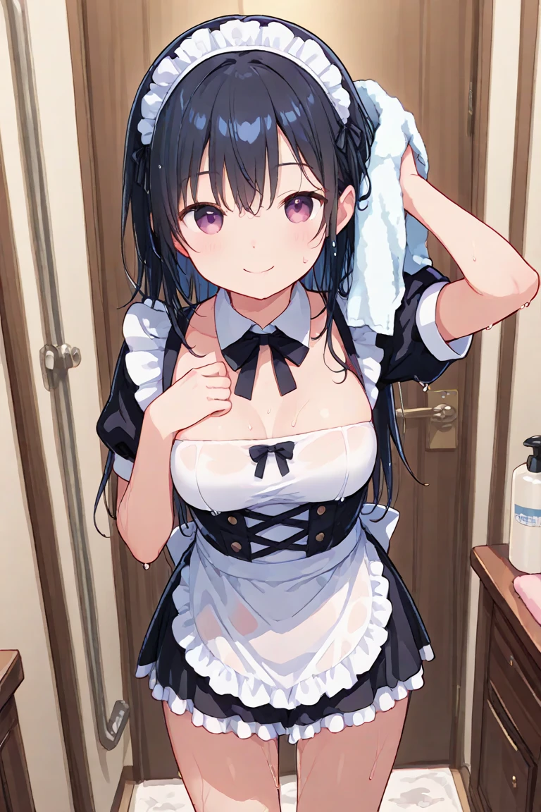 ((best quality)), ((masterpiece)), (detailed), 1 Girl, Maid，blush，look up，Black Hair，Milk residue at the corner of mouth，avatar，Bust，Cleavage
