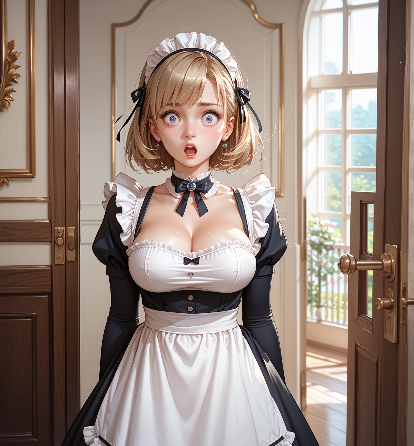 Best Quality, Maid, French Maid, Bedroom Cute, Cute, Big, Cleavage,, ()), (on Tongue)), on Hands, (on Face), Bedroom, Full Body --auto --s2