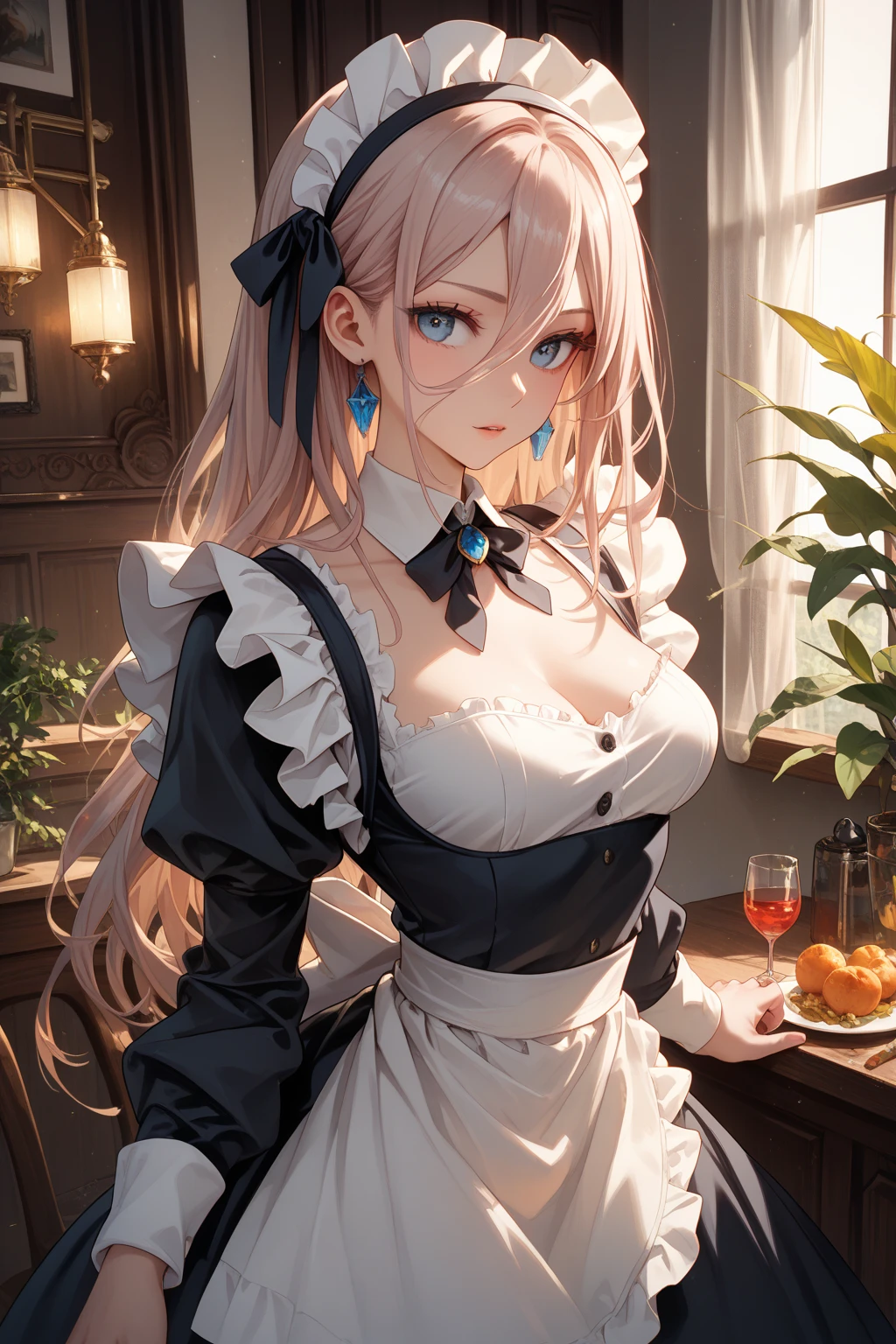 Adult Woman, masterpiece, 1girl, Amazing Cleavage:1.3, thin waist, big ass, Raised sexy, medium breast:1.3,posed cleavage:1.2,solo, open mouth, have a cup of coffee,black hair, red eyes, dress, bare shoulders, jewelry, collarbone, sidelocks, hairband, earrings, indoors, off shoulder, arms behind back, plant, short hair with long locks, black hairband, sweater dress, off-shoulder sweater, red sweater, big side hair, very long side hair,is rendered in (masterpiece: 1.2, best quality), with (ultra high resolution) and an exquisite (depth of field). This masterpiece is not only visually stunning but also tells, make of cooking some cakes ,in the kitchen,Long dark blonde wavy hair、her thin pubic hair, Puffy nipple、(short flared skirt)、garter stocking、Earring、Medium milk, cute smile face、(Pose to lean forward and emphasize the chest)、sexy hips、high-heels、atlibrary、((Close your arms to your chest and look up)),(with sparkling eyes and a contagious smile), looking at viewer,
