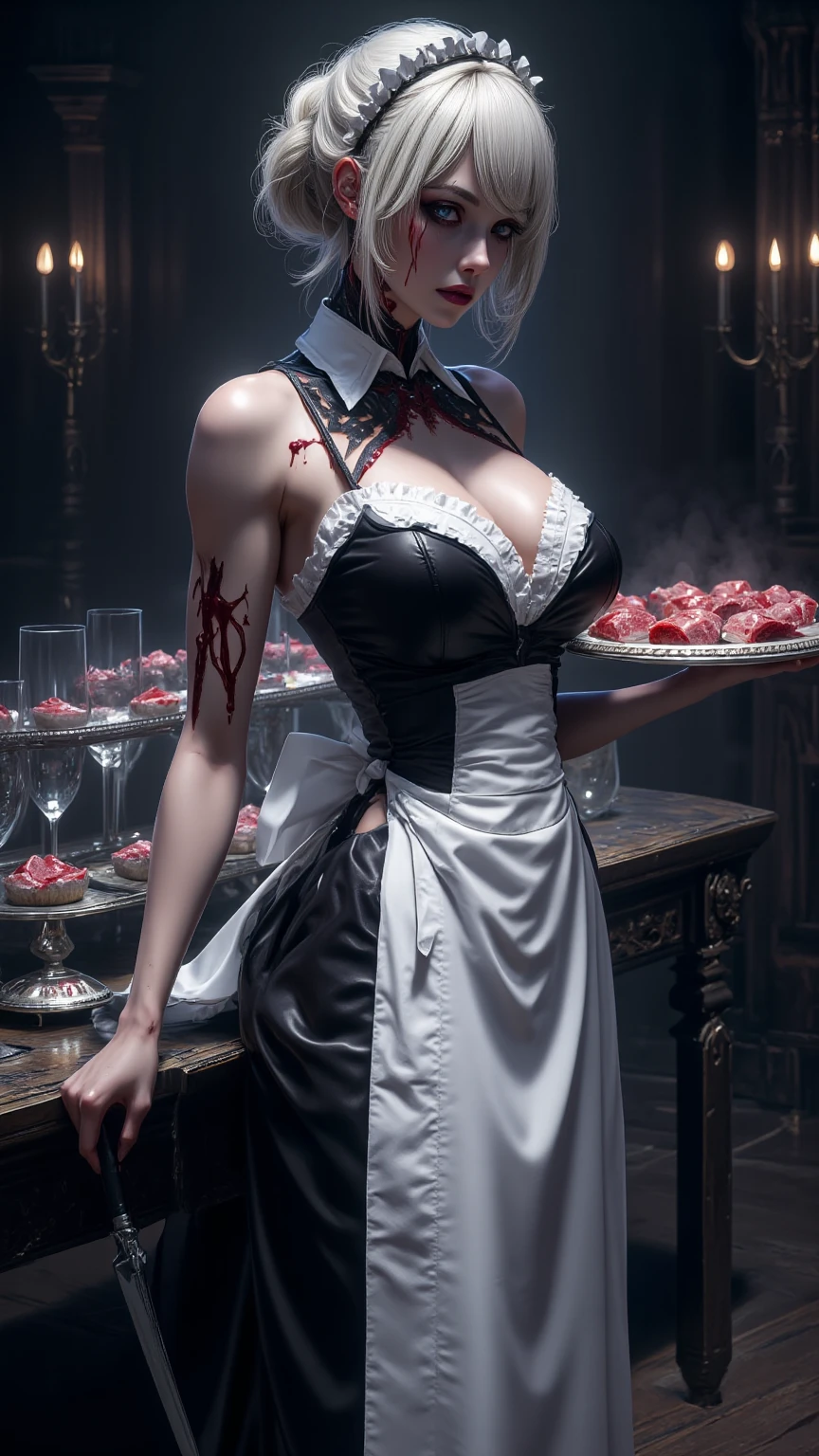 a 3D picture of extremely (beautiful cow (anthropomorphic:1.3) looking at (red MasterChef style cake: 1.5), an exquisite beautiful female (cow anthropomorphic:1.3), ultra feminine ultra detailed face, red hair, short hair, little fury, red lips, blue eyes, wearing sexy white seductive latex dress, blood stains on the dress, looking at a red Bakeoff, award winning cake, 2 floors, decorated with red whipped cream, and artful stylish decorations, blood dripping from the cake, dark castle style kitchen background, dim candles light, dark fantasy art, gothic art, dynamic angle, best details, best quality, 16K, [ultra detailed], masterpiece, best quality, (ultra detailed), full body, ultra wide shot, photorealistic, 3D rendering,