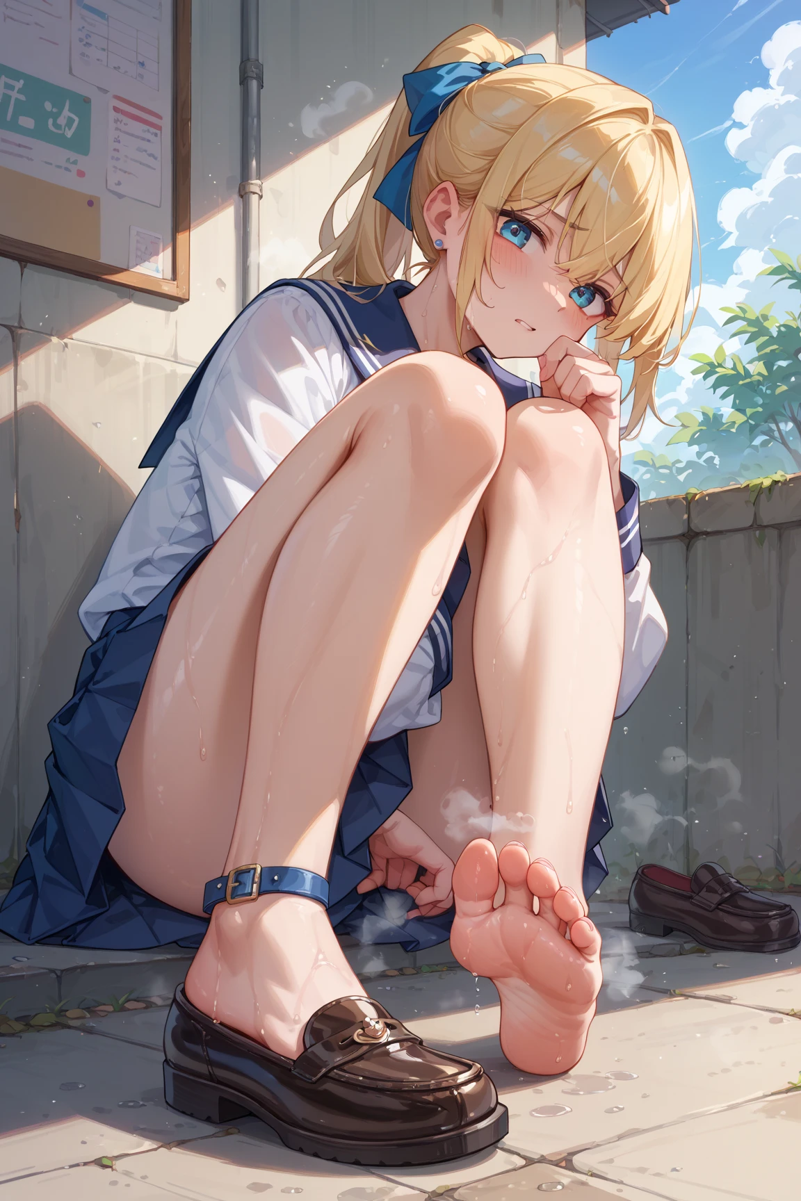 (masterpiece),1girl,foot focus, full body, looking at viewer, shrine, rain, sunlight, pale skin, blonde hair, short hair, blue eyes, serafuku, feet up, nsfw, seductive smile,