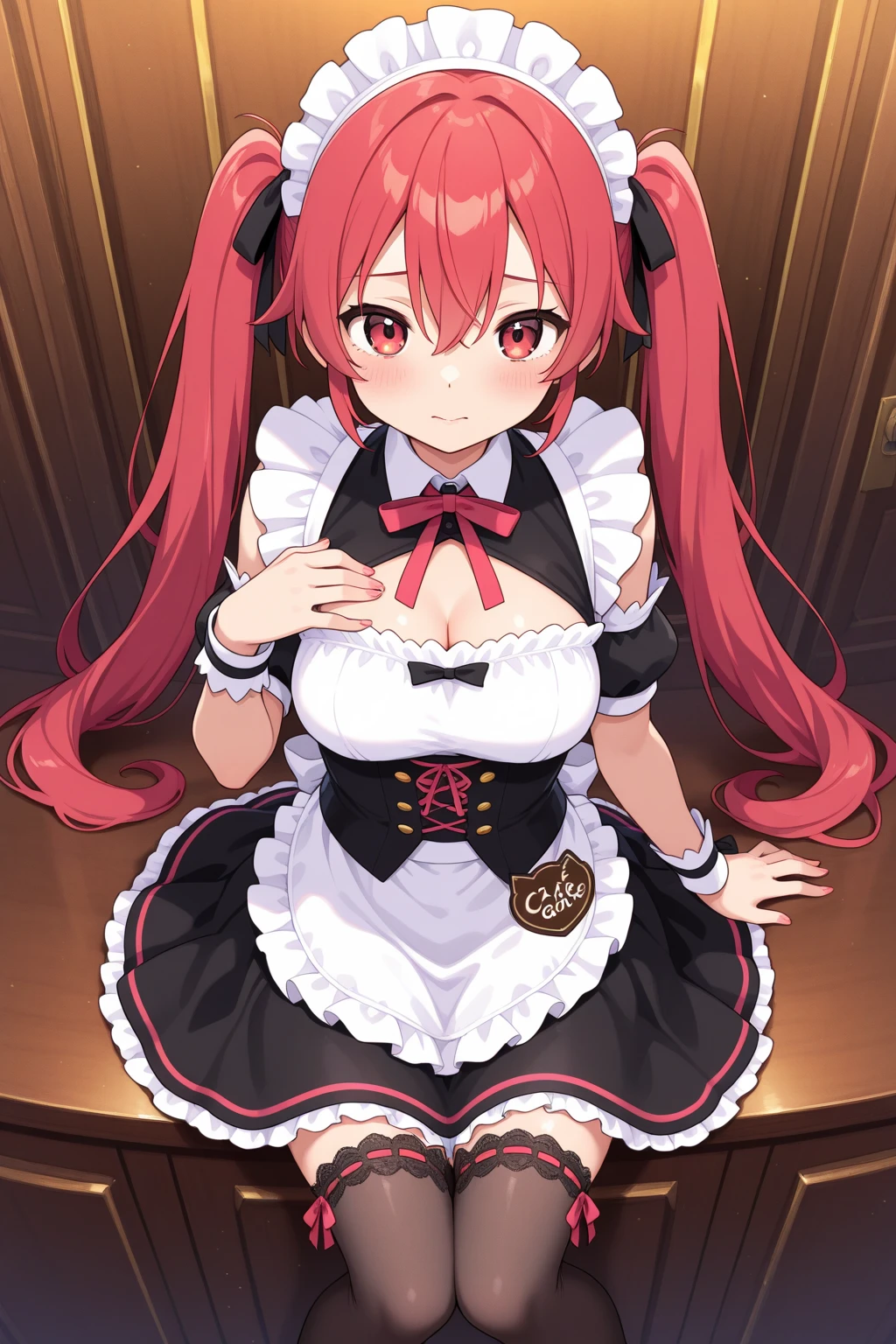 {{best quality}}, {{masterpiece}}, {{ultra-detailed}}, {illustration}, {detailed light}, red hair,blue eyes,twintails,maid, long hair, long sleeves, gothic, solo, loli,little girl,cute, japanese anime, gravure style, micro bikini, arms behind head, squatting, spread legs