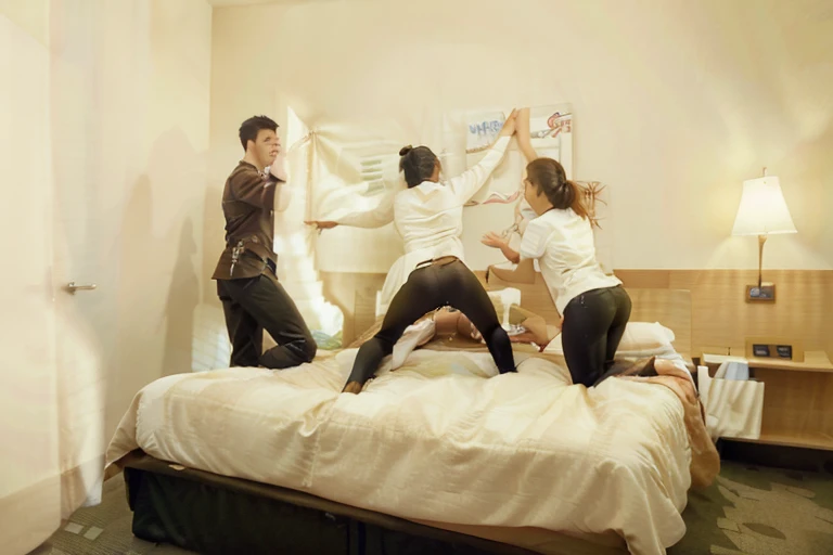 there is a man and a woman laying on a bed, fight scene, insane action pose, fighting scene, posing for a fight, horror dramatic moment, choreographed fight scene, extreme face contortion, video still, head is up, doing martial arts, trampling over pyongyang, best scene, extreme pose, epic fight scene