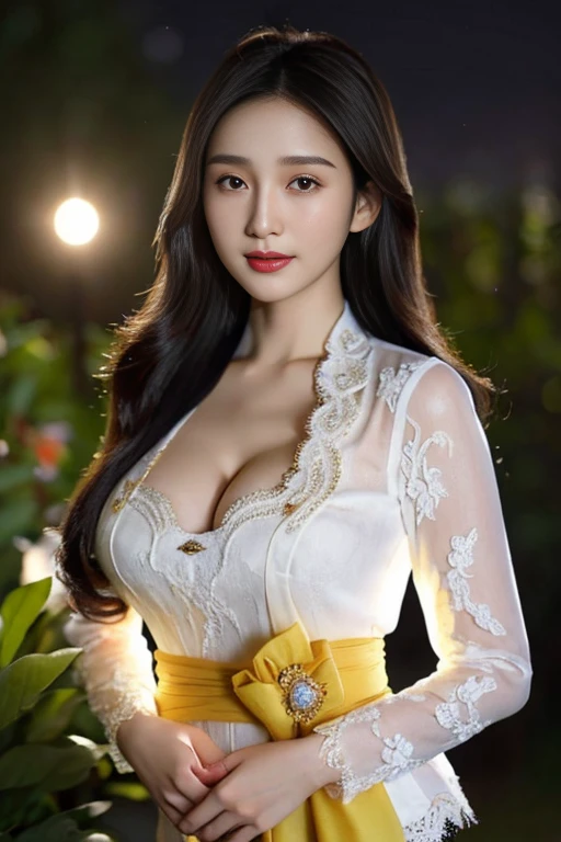 8k, best quality, Medium close-up, (bikin motif kebaya )、(luxury kebaya ),(top-quality,masterpiece:1.3,超A high resolution,),(ultra-detailliert,Caustics),(Photorealsitic:1.4,RAW shooting,)Ultra-realistic capture,A highly detailed,high-definition16Kfor human skin, Cute and lovely Korean girl, realistic, ultra detail, photo realistic, Increase quality,
standing in a garden with a scarf, garden, (large breast), (cleavage ), close-up shot, mouth,dark-haired, Messy Updo hair, (depth of fields、chromatic abberation、Wide range of lighting、Natural Shading、)、(Exterior light at night:1.4)、(Hair swaying in the wind:1.2), breast out,naked, expose breast.