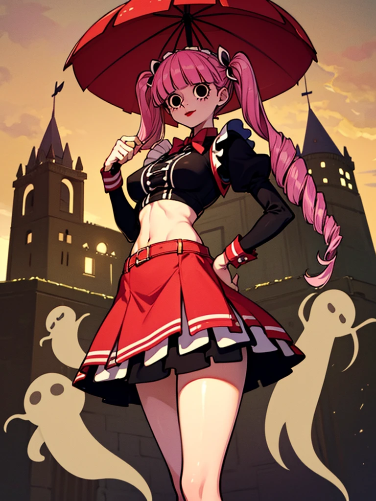 <lora:perona_v1:1.0>, cheems_perona_v3, smile, red boots, crop top, knees up, floating, full body, ghost, twin drills, red capelet, striped thighhighs, cleavage, large breasts, crown, volumetric lighting, light particles , looking at viewer, blush, red skirt, smug, smirk, (disc-shaped eyes, black eyes),