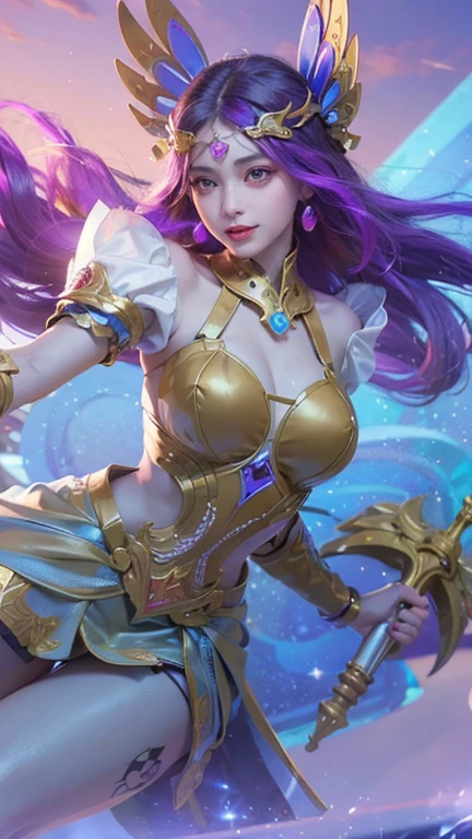 (HD, Sharp, Fractal), 1 Woman, Super Glossy Skin, Magical Girl, (crotch tattoo:1.1), Head visor, Golden and purple costume,Leotard,Miniskirt, Gorgeous costume, 18 years old, --auto --s2