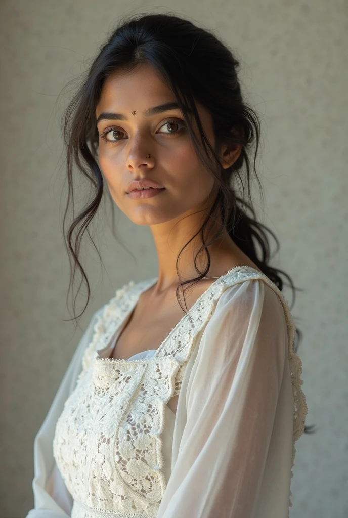 woman with Indian features, straight black hair, aged 25 years, with flowers in the background