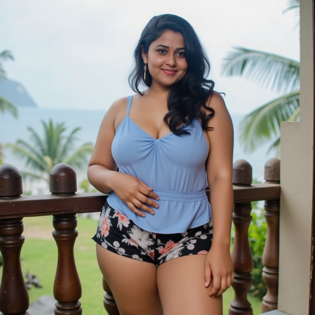 55 year old, female, Indian, light brown skin, curly short dark brown hair, bush like black pubic hair, big expressive eyes, light brown pupil, seductive smile, very beautiful face, face showing signs of aging, looking at the viewer, very fat body, big fat belly, big fat thighs, small breasts, transparent saree, no underwear, standing, beach