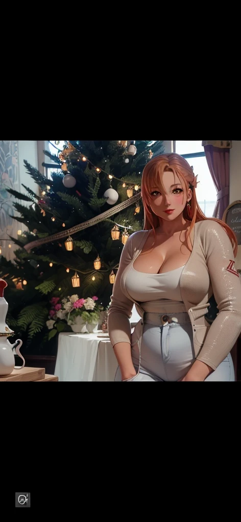 (Christmas Inspired, Christmas background), Tall, redhead, beautiful, young woman, huge breasts, large erect bulging nipples, long slender torso, long arms, long legs, out growing her clothes, strained and stretched shirt, ripping at the seams, blue jeans low waisted, pant legs at calf height, pants ripping at the seams, black converse hightops, embarrassed, trying to hold her shirt down as it rises up her exposed midsection, (masterpiece, 8k, ultra realistic, UHD, best quality:1.2)
